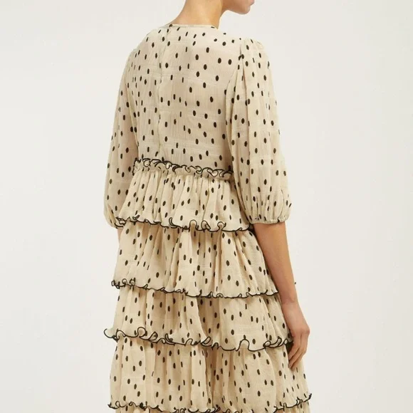 GANNI Lowell Tiered Polka Dot Plisse Beige & Black Midi Dress conservative pleat